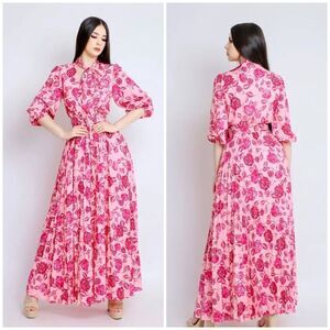Flower Print Tie-Neck Pleated Maxi Dress